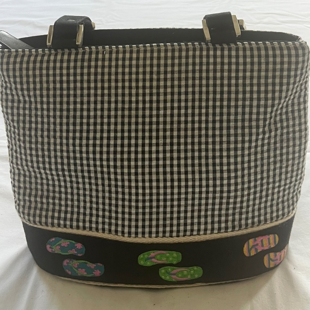 Braciano Gingham Flip Flop Embroidered Shoulder Bag Black White Summer Tote